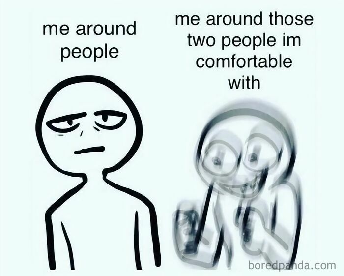 Minimalist meme showing introvert's calm face around people versus excited blur around close friends for relatable introvert life humor.