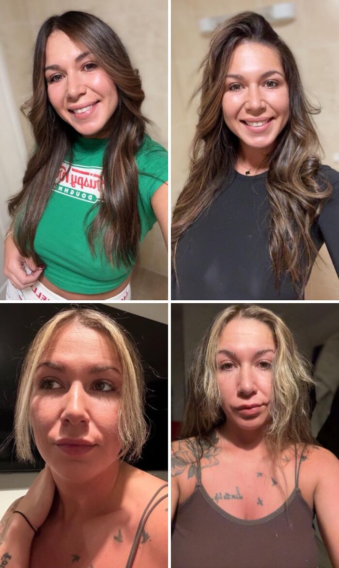 Four women showing contrasting hairstyles in casual settings, illustrating various disastrous hairstyles and life decisions.