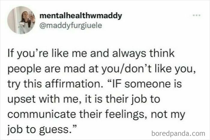 Affirmation about communication and feelings shared in a humorous post for people using humor as a coping mechanism.
