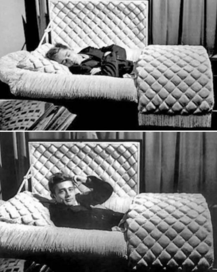 Black and white creepy old-school photos showing a man lying in a coffin-like cushioned bed with a quilted blanket.