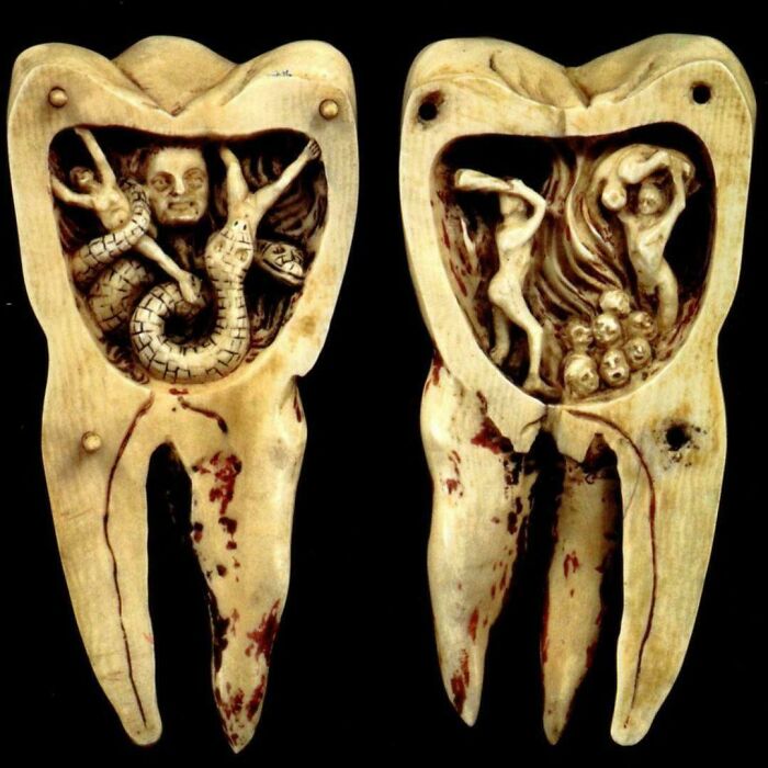 Carved antique teeth figurines with creepy human and snake figures inside, showcasing old-school eerie art style.