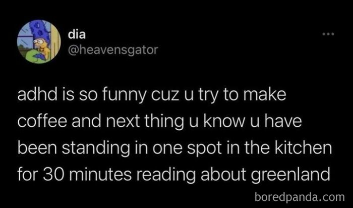 Screenshot of a funny post about ADHD humor, illustrating coping mechanism through humor with a relatable everyday scenario.