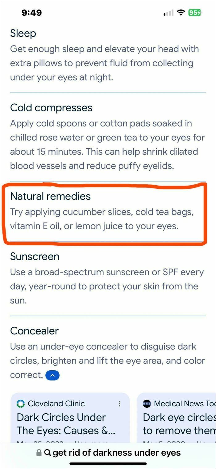 Text screenshot showing natural remedies for dark circles under eyes, highlighting cucumber slices, cold tea bags, vitamin E oil, and lemon juice.
