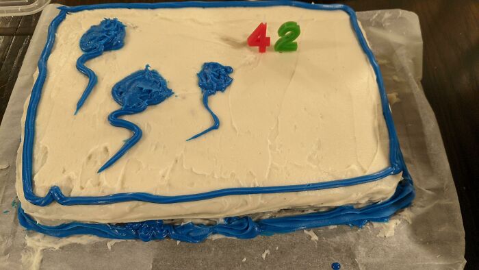 Rectangular white cake with blue icing decorations and number 42 candles, a funny cake reflecting honest emotions.