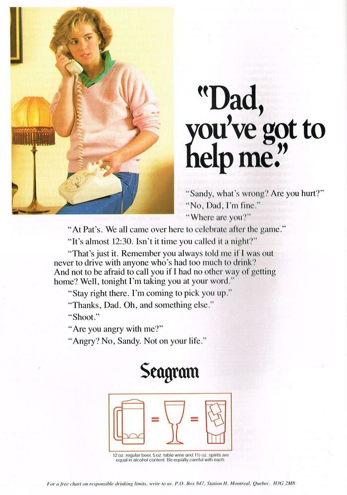 Woman in pink sweater holding a vintage phone in a classic Seagram alcohol awareness advertisement from vintage advertisements.