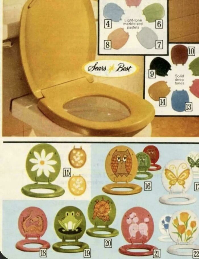 Vintage advertisements showing colorful and patterned toilet seats with various designs and hues.