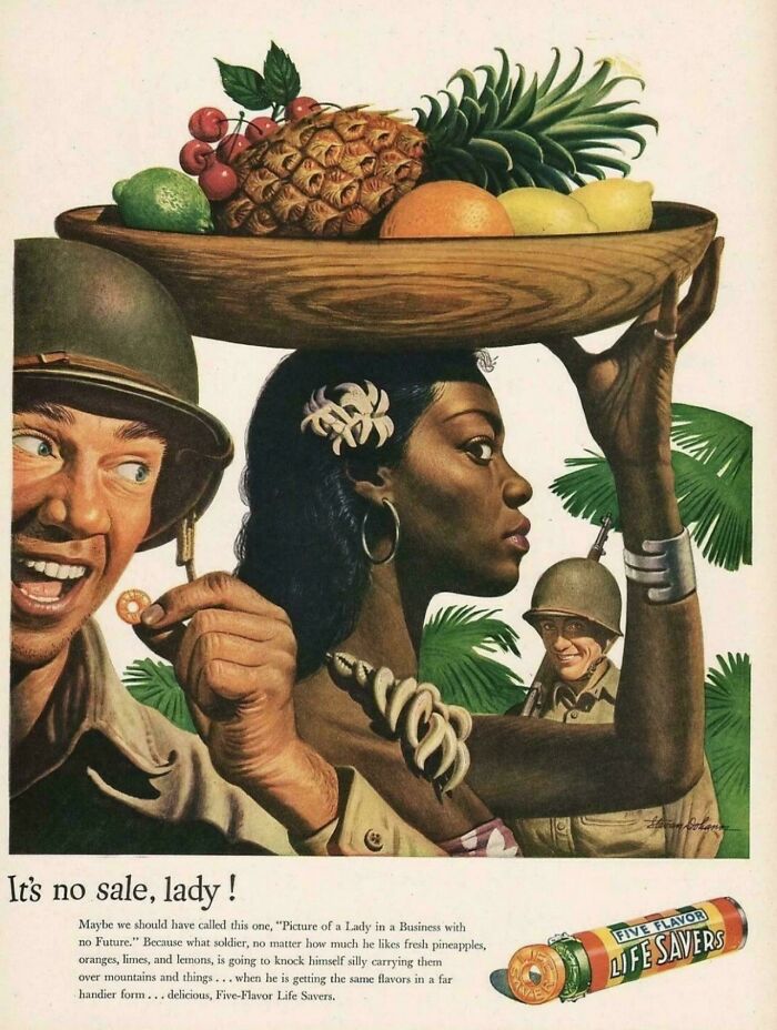 Vintage advertisements showing a woman carrying fruit basket with soldiers in a tropical setting promoting life savers candy.