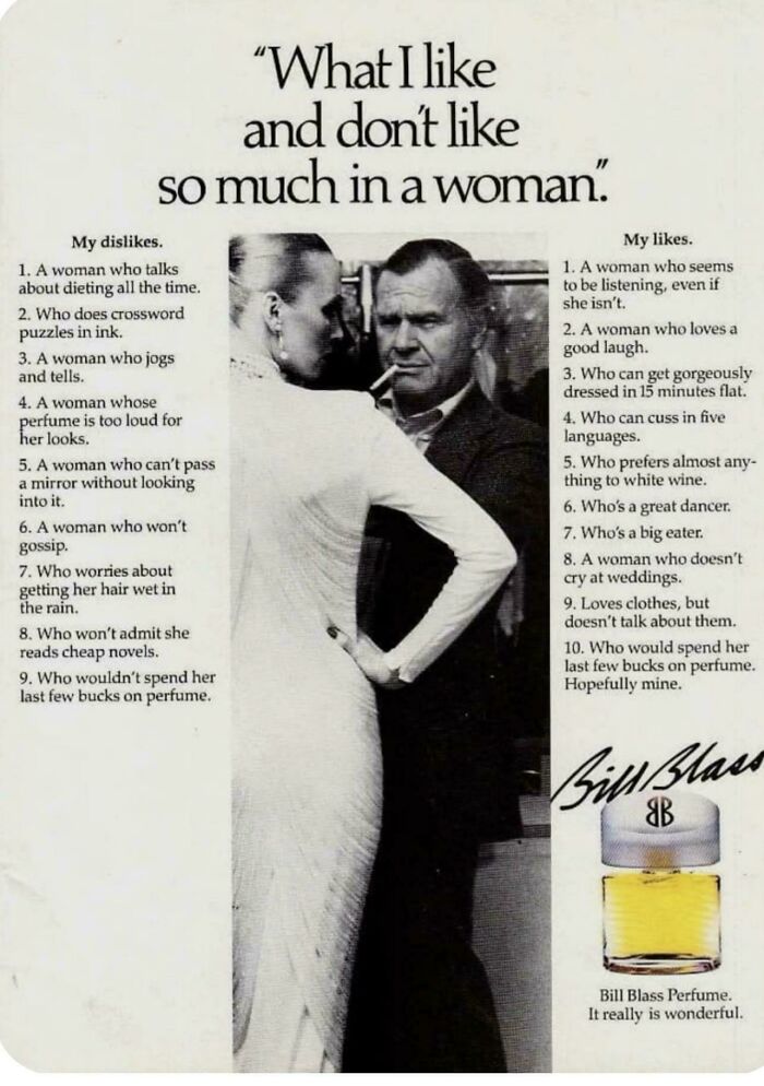 Vintage advertisement showing a man and woman, listing likes and dislikes about women, promoting Bill Blass perfume.