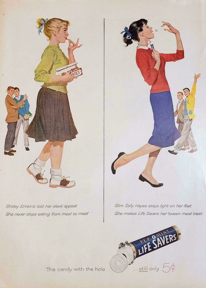 Vintage advertisements showing two women contrasting eating habits with Life Savers candy promoting slimness in a retro style.
