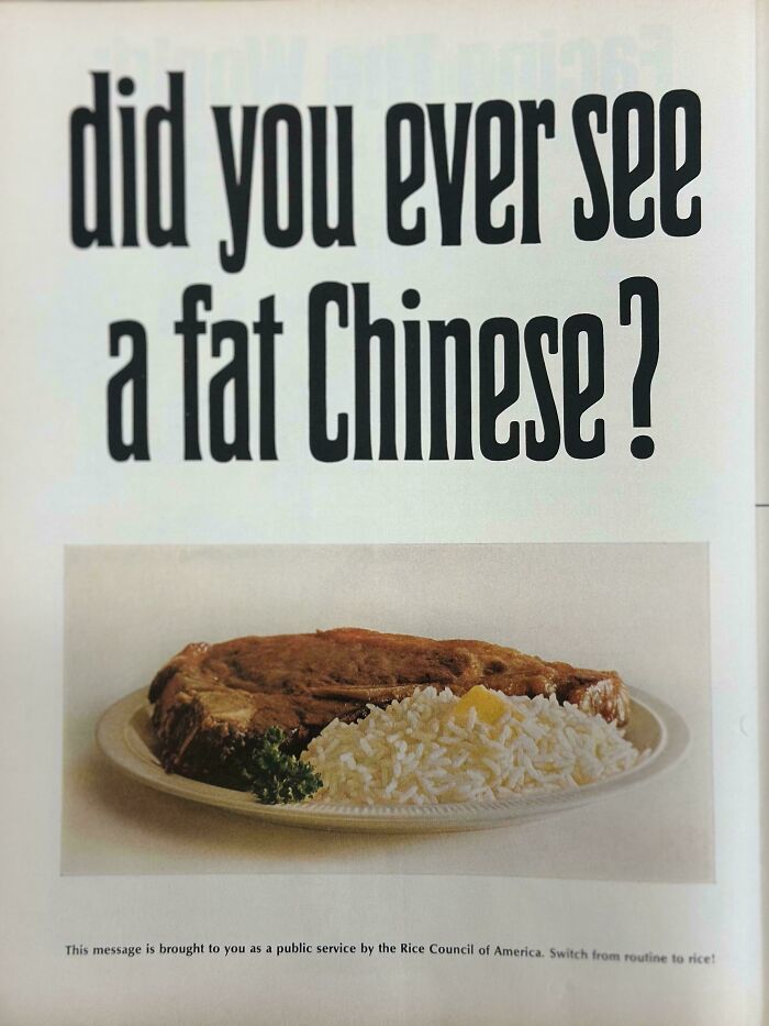 Vintage advertisements showing controversial text above a plate of rice and meat promoting rice consumption.