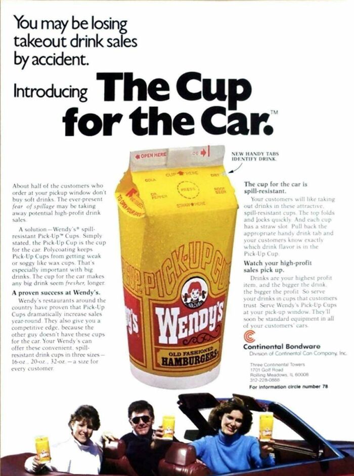 Vintage advertisement showing Wendy's Pick-Up Cup for the car, promoting spill-resistant takeout drink sales and convenience features.