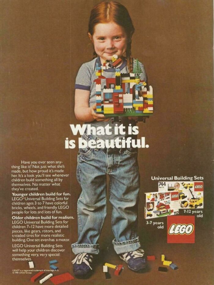 Young girl holding colorful LEGO bricks in a vintage advertisements style promoting creative play and building sets.