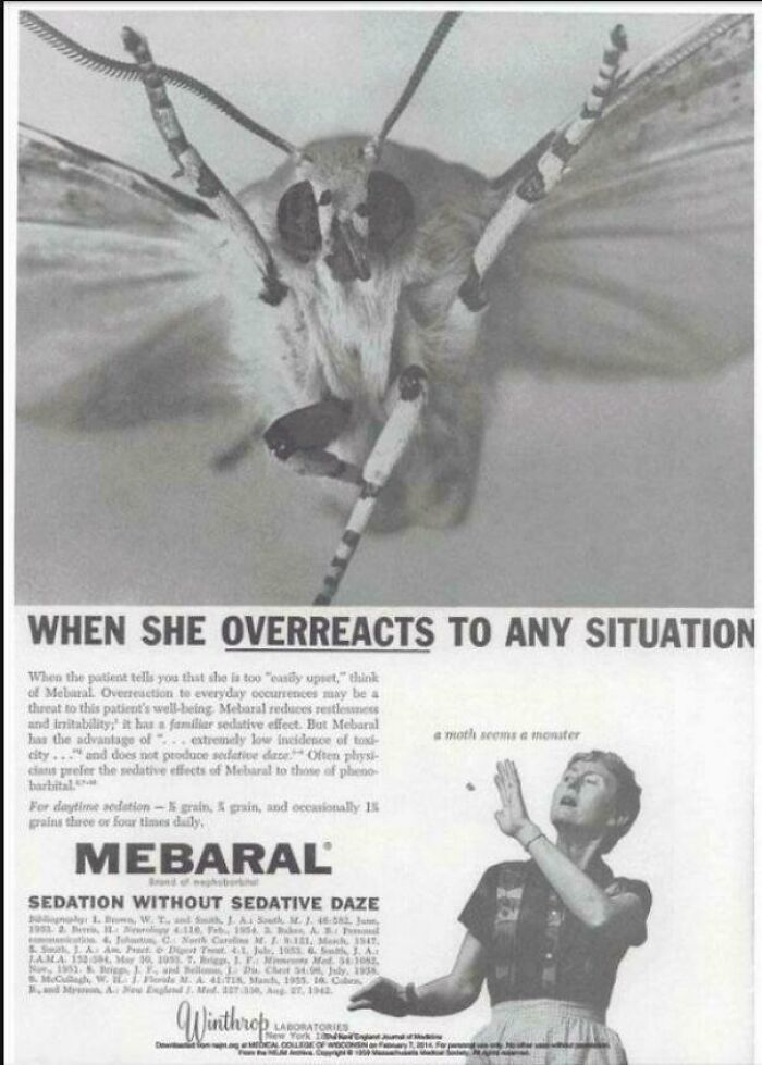 Vintage advertisements showing a moth as a monster and a woman reacting, illustrating old marketing styles and messages.