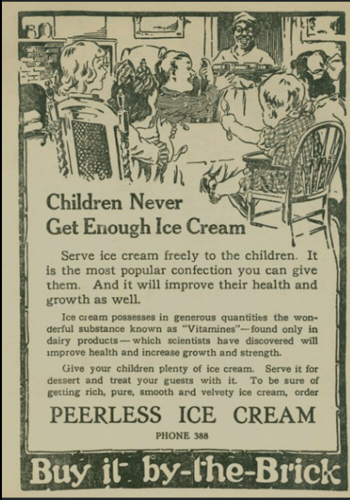 Vintage advertisement promoting ice cream for children, highlighting health benefits and growth with vintage advertisements style.