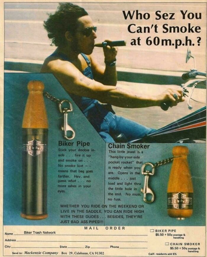 Vintage advertisements featuring biker pipes and chain smoker accessories for smoking while riding motorcycles.