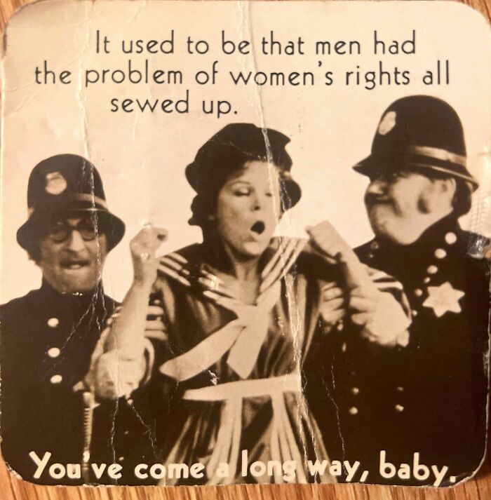 Vintage advertisements showing a woman and two policemen with text about women's rights from a retro black and white ad.