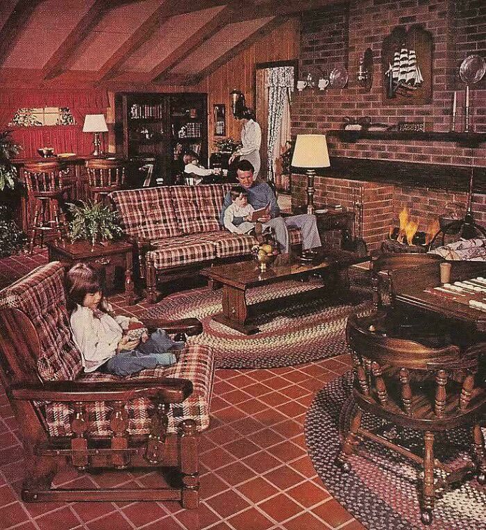 Vintage advertisements showing a 1970s family scene in a cozy living room with plaid furniture and a fireplace.