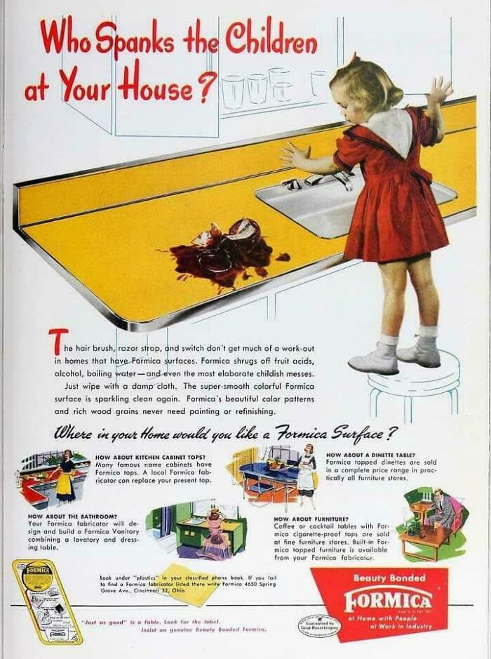 Vintage advertisements featuring a child next to a yellow Formica kitchen countertop with a spilled fruit mess.