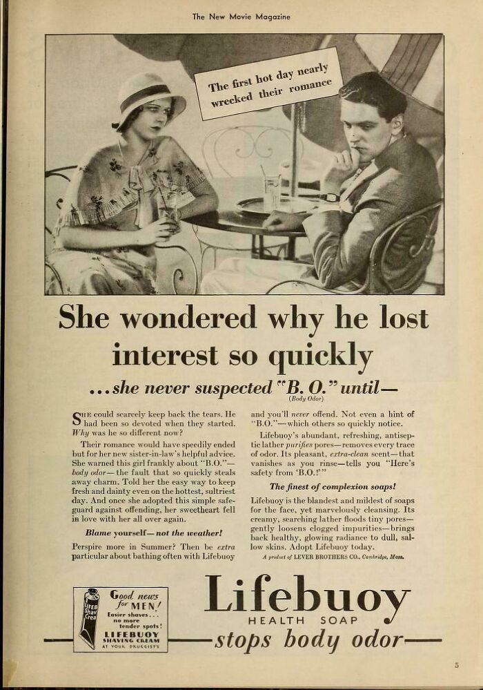 Vintage advertisements showing Lifebuoy soap preventing body odor to save romance on a hot day in classic black and white.