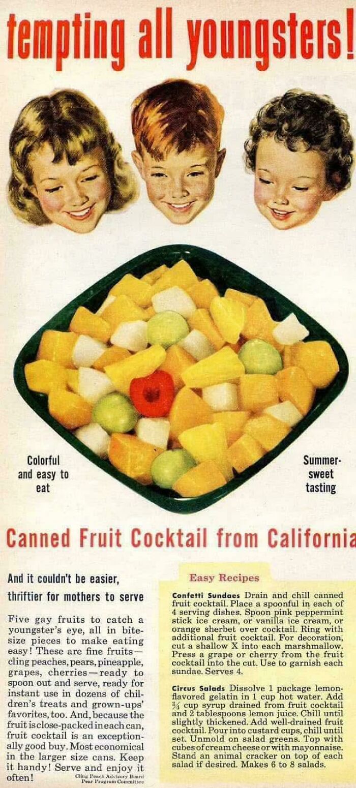 Vintage advertisements showing tempting canned fruit cocktail with kids’ faces above, highlighting colorful and easy-to-eat snack.