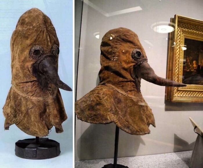 Old-school creepy plague doctor mask with long beak, displayed in a museum, evoking slightly cursed vintage photos.