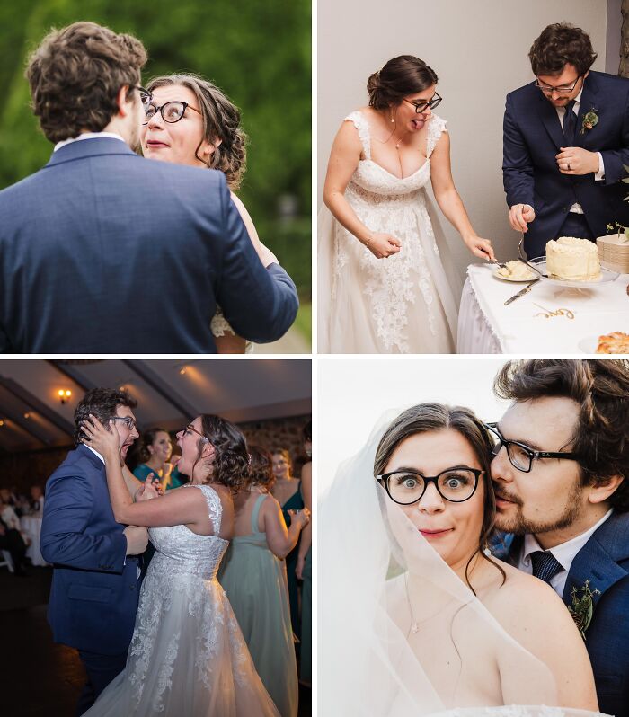 Collage de fotos de boda con momentos divertidos y errores que las hicieron fotos de boda legendarias.