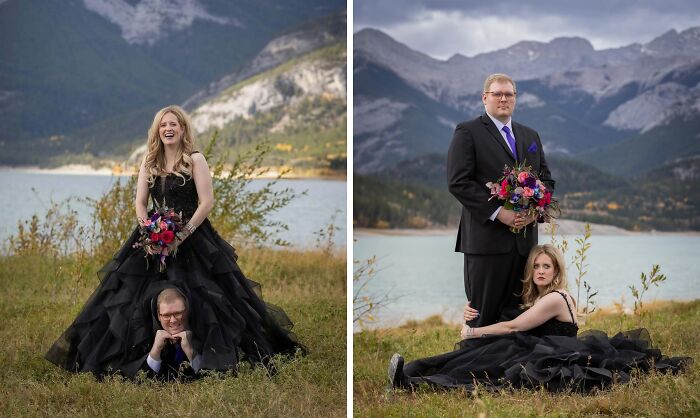 Novia y novio en fotos de boda divertidas y equivocadas en un paisaje al aire libre con montaña y lago de fondo.