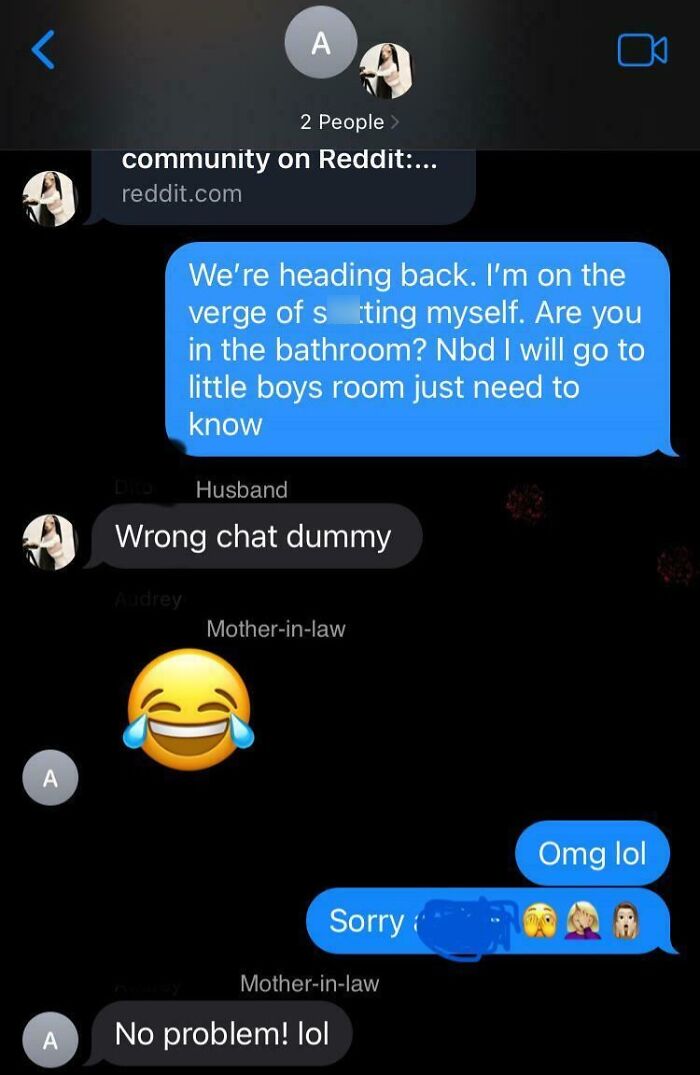 Text message screenshot showing a hilarious wife fail with a wrong chat sent to mother-in-law causing laughter.