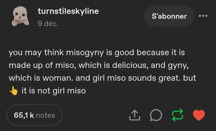 Text post humorously dissecting the word misogyny to critique patriarchal language and feminist issues.