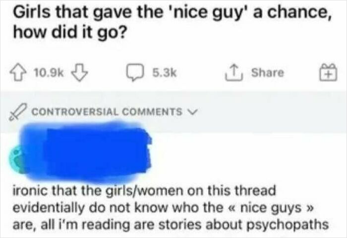 Screenshot of an online comment thread discussing girls giving nice guys a chance, highlighting feminist posts calling out the patriarchy.