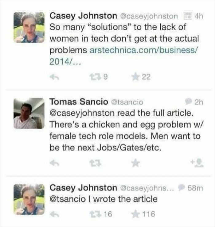 Screenshot of a Twitter exchange discussing challenges facing women in tech, highlighting feminist posts calling out the patriarchy.