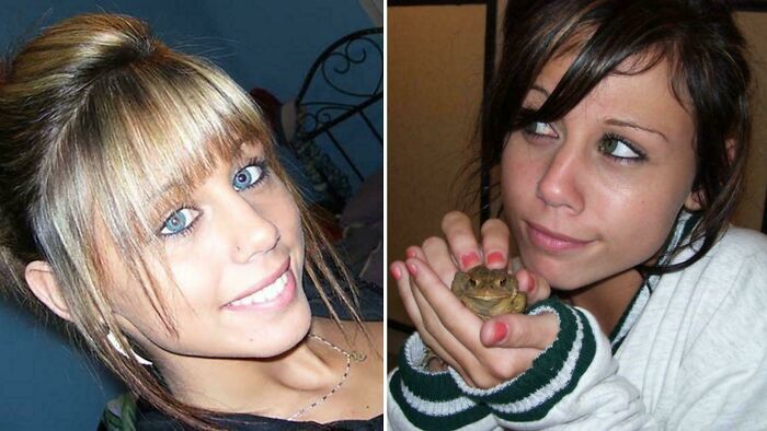 Two young women, one smiling at the camera and one holding a frog, related to unsettling crime stories.