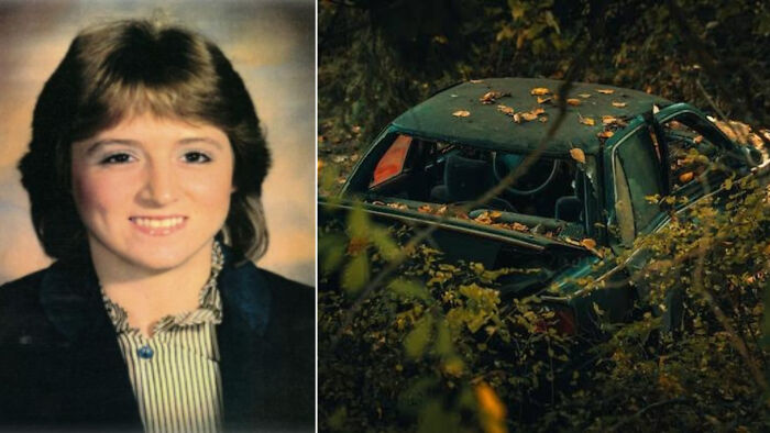Portrait of a young woman beside an abandoned car hidden in dense foliage related to unsettling history crime cases.