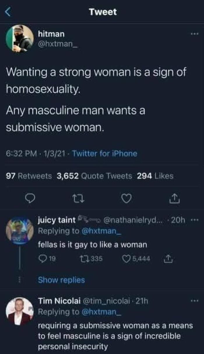 Screenshot of a feminist tweet thread calling out patriarchy by challenging traditional views on strong and submissive women.