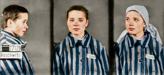 Three young prisoners in striped Auschwitz uniforms, representing unsettling history and crime stories.