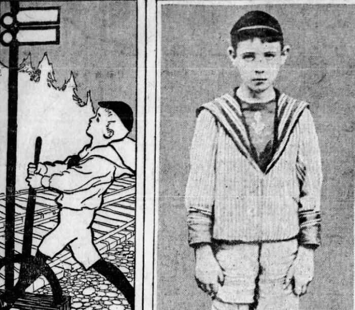 Vintage black and white illustration and photo of a missing boy related to unsettling history and crime stories.