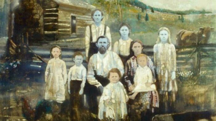 Painting of an old family in front of a log cabin depicting unsettling history and crime involving disappearances.