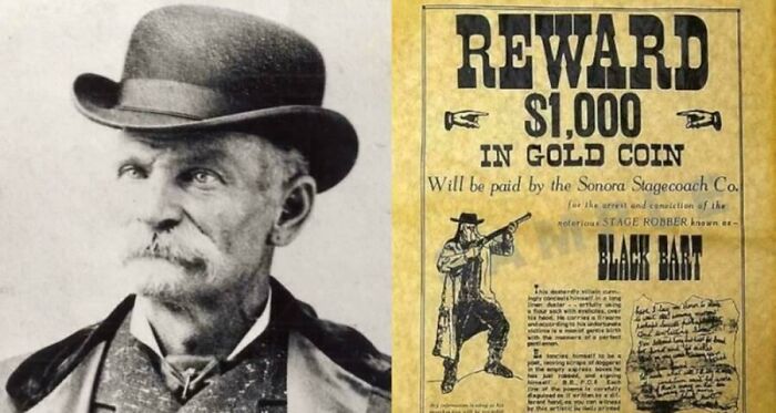 Black and white photo of a man in a bowler hat beside an old wanted poster offering reward for a notorious stagecoach robber.