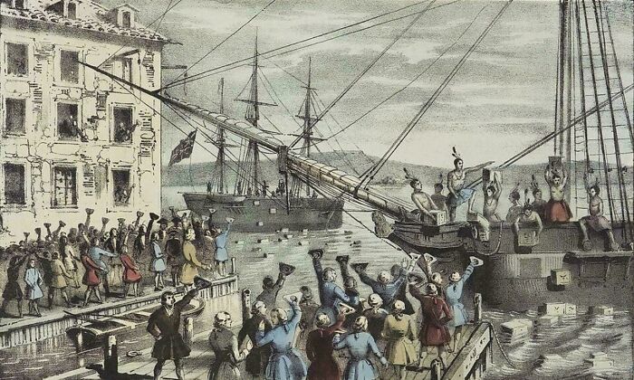Crowd waving and cheering at a ship departing the harbor in a historic scene of unsettling history and crime.
