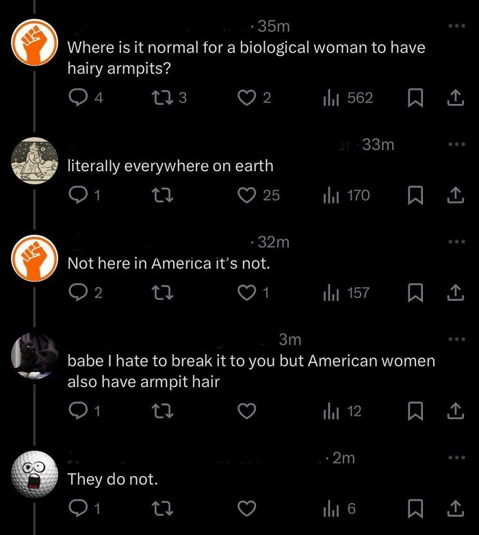Twitter thread showing dumb comments by Americans debating hairy armpits on women, illustrating internet reactions.