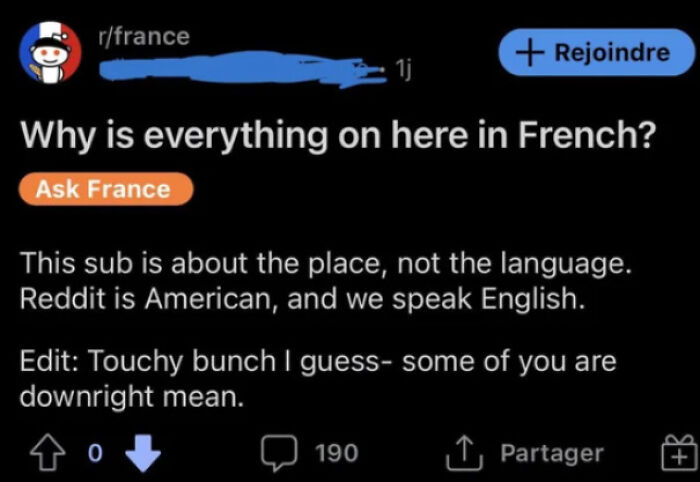 Reddit comment confusing language and location in r/france, highlighting dumb comments by Americans on the internet.