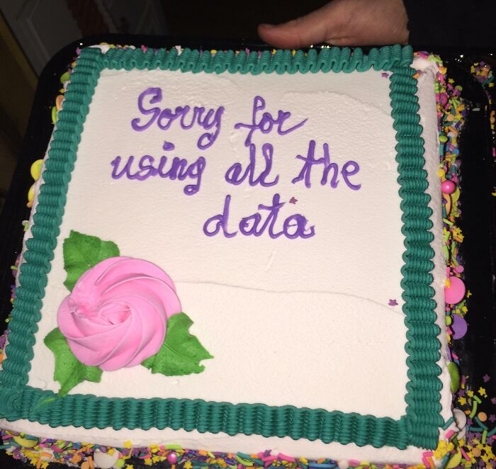 Square cake with green icing border and pink flower, purple text saying sorry for using all the data, funny cakes reflecting emotions