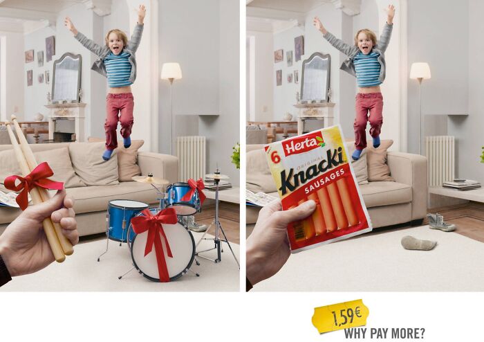 Child jumping excitedly in living room with drums tied with ribbons and a pack of sausages used in creative print advertisement humor.