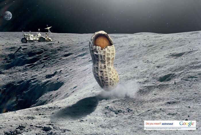 Surreal print advertisement featuring a giant peanut on the moon, showcasing creativity and humor in print advertisements.