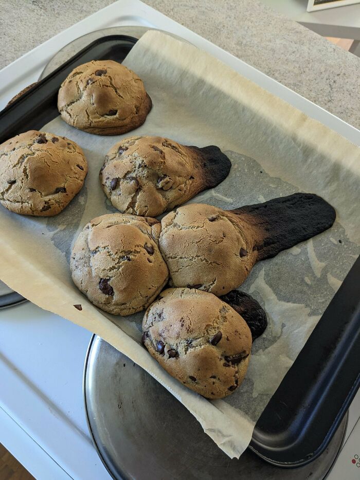 Baked chocolate chip cookies ruined with burnt edges spreading out on parchment paper in a baking tray.