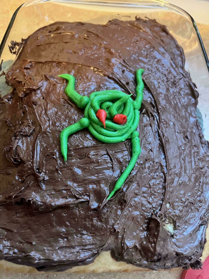 Brown frosted dessert with poorly executed green and red icing decoration resembling a spider ruining the dessert appearance.