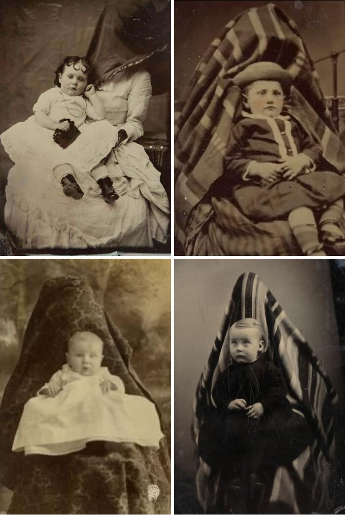 Four Victorian era photos of children, some camouflaged with adult figures or blankets, showcasing unique portrait styles.