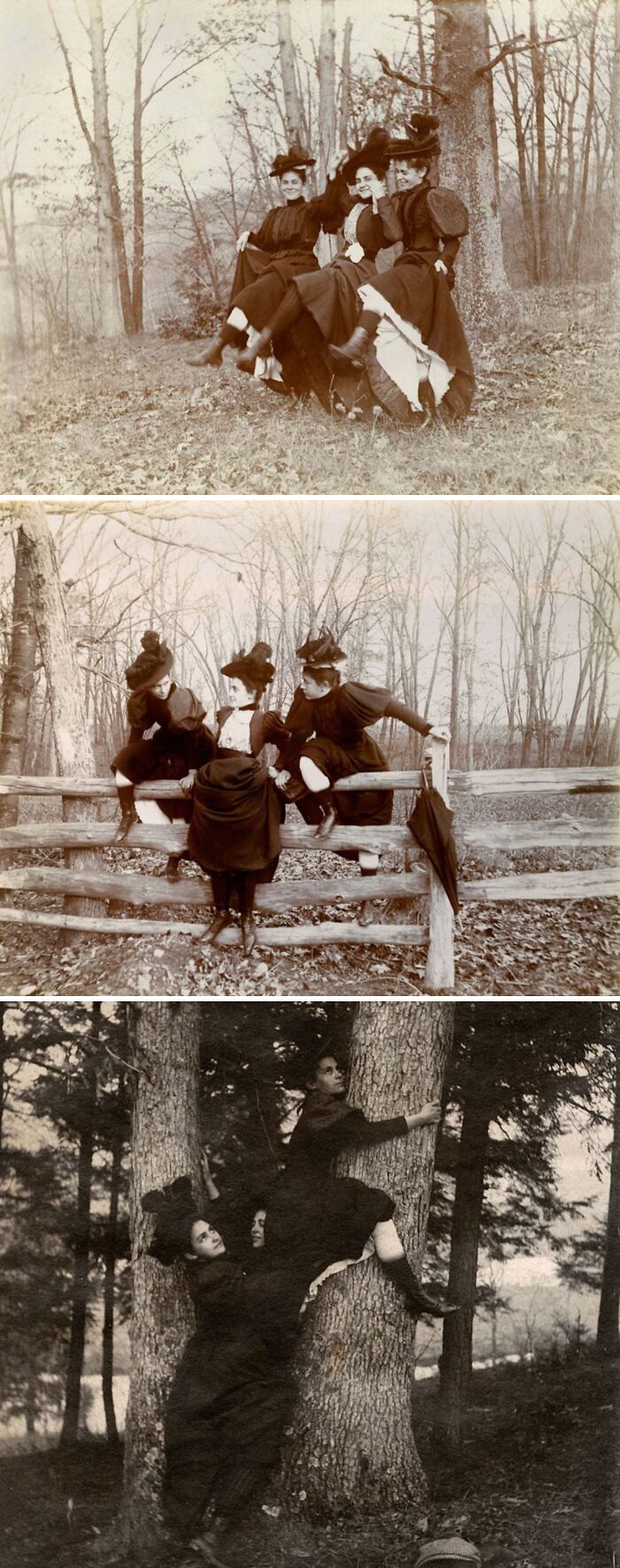 Victorian era women dressed in period clothing playing outdoors by trees and fences in black and white photos.