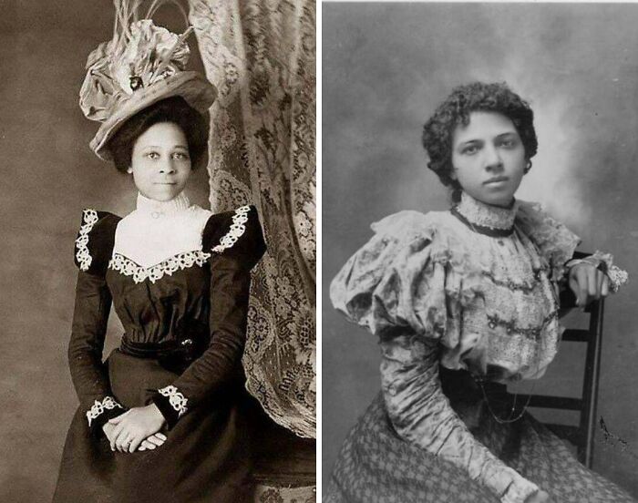 Two Victorian era women dressed in period clothing posing for vintage black and white portraits.