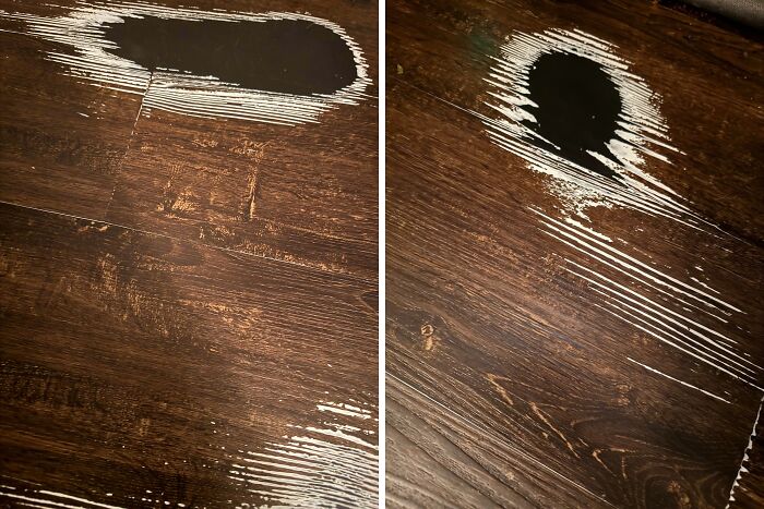 Close-up of worn down wooden floor with scratches and scuffs showing unexpected wear on everyday surfaces